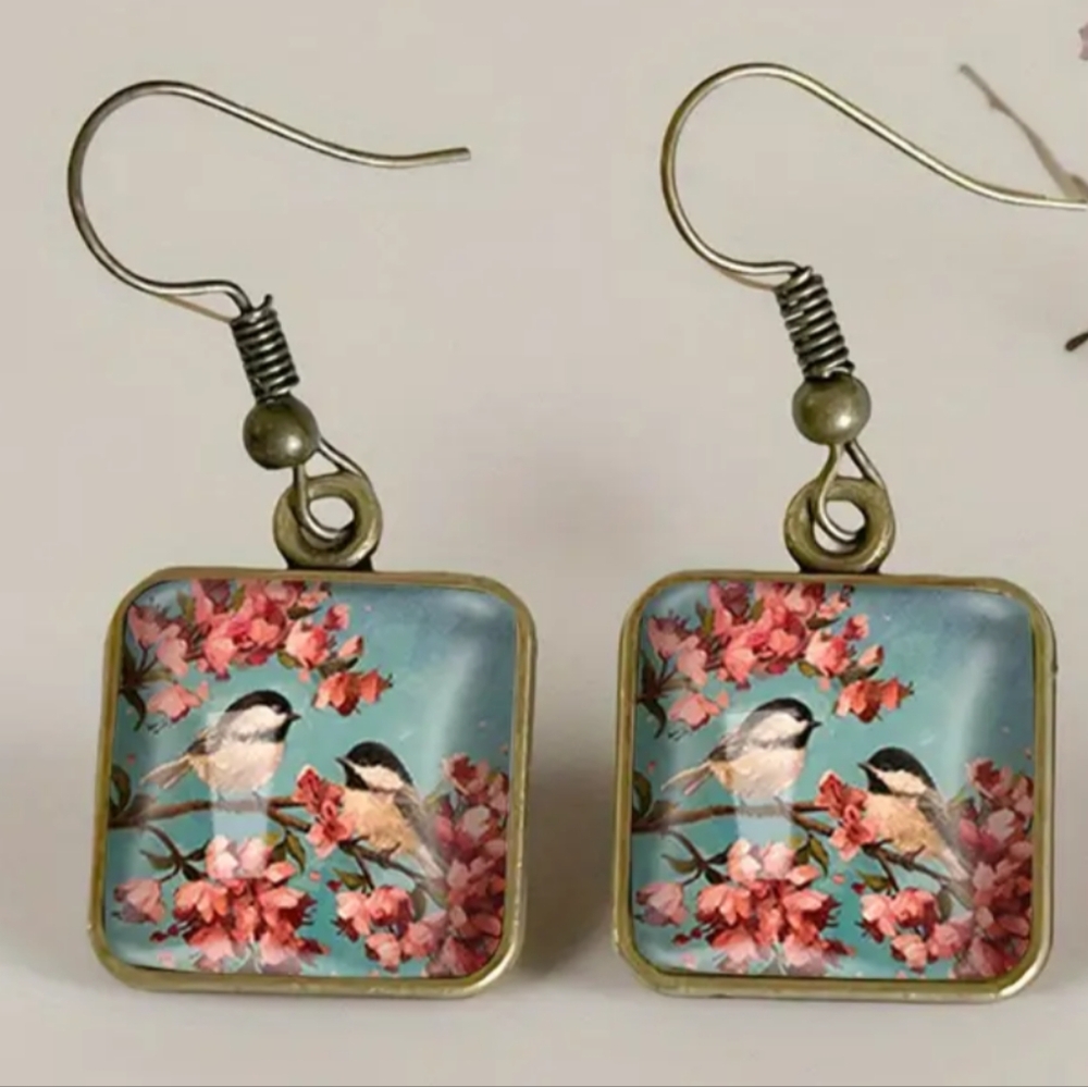 boho earrings Artsy Romantic Christmas Gift square‎ gold Whimsical Bird Floral
